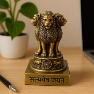 Ashoka Pillar Stambh Sculpture for Car Dashboard Idols- 8 CM, Antique Golden
