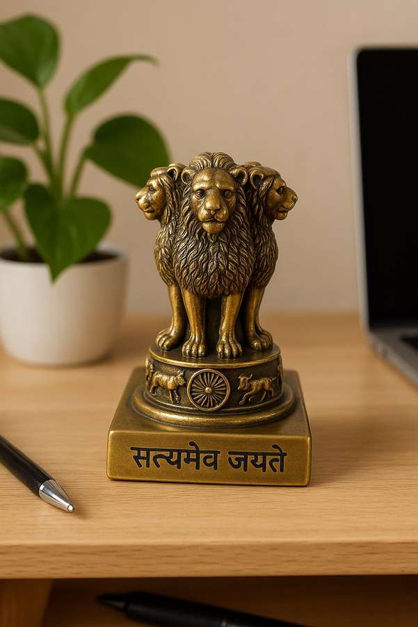 Ashoka Pillar Stambh Sculpture for Car Dashboard Idols- 8 CM, Antique Golden